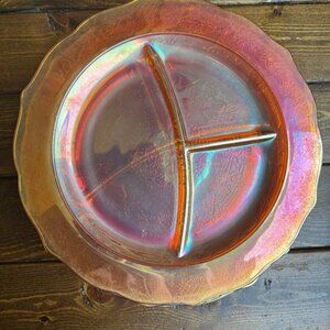 Vintage Iridescent Carnival Glass Divided Plates – Marigold‎ Orange Set of 4